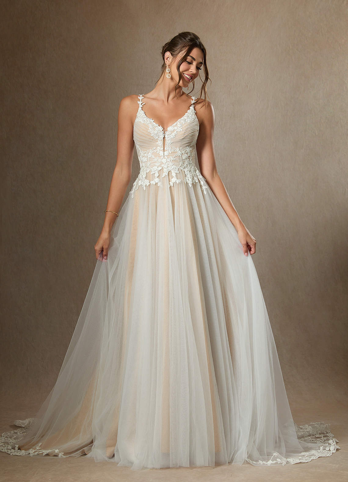 Diamond White Champagne A-Line V-Neck Lace Tulle Dress