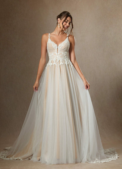 Diamond White Champagne A-Line V-Neck Lace Tulle Dress