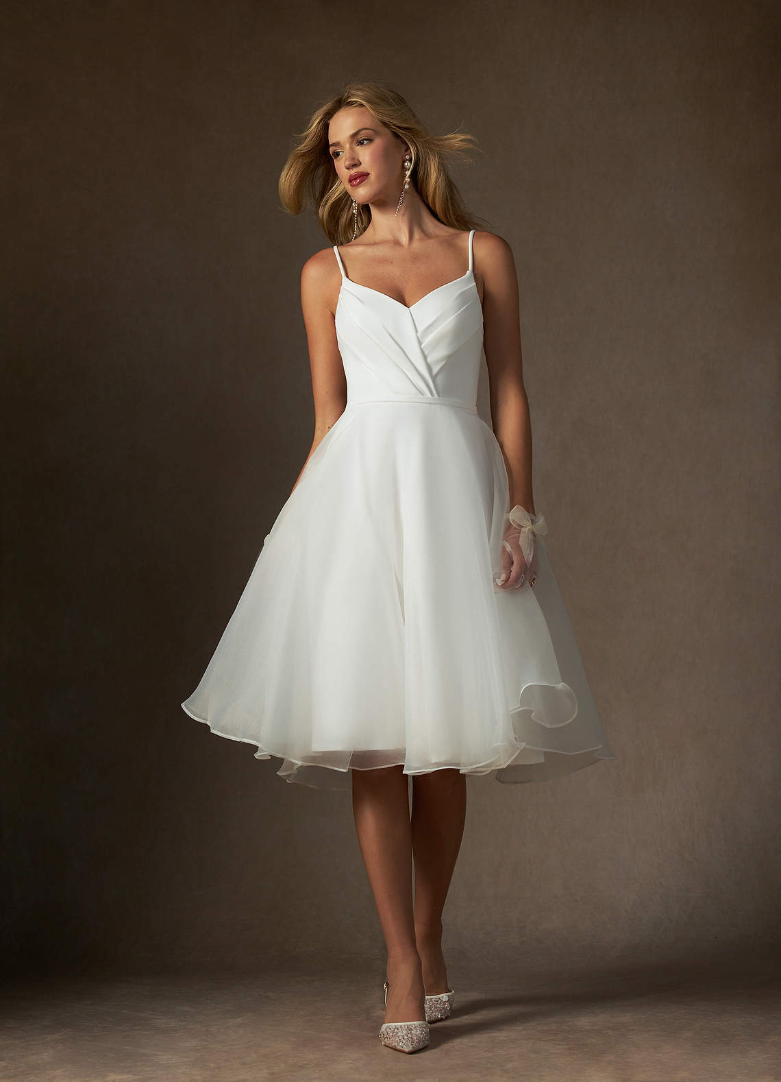 Diamond White A-Line V-Neck Pleated Stretch Crepe Dress