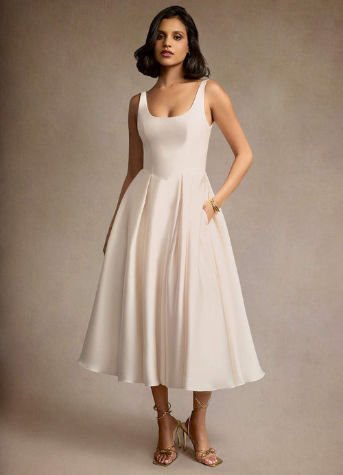 Olivia Cream Pleated Midi Dress  Dress