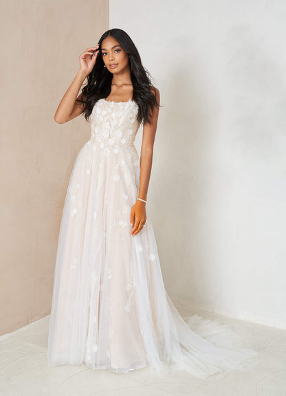 Diamond White Champagne A-Line Sequins Tulle Dress