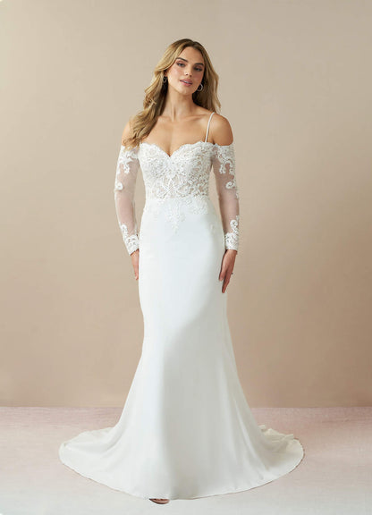 Diamond White Champagne Mermaid Off the Shoulder Stretch Crepe Dress