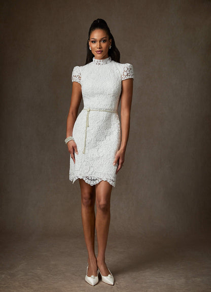 Diamond White Sheath High Neck Lace Dress