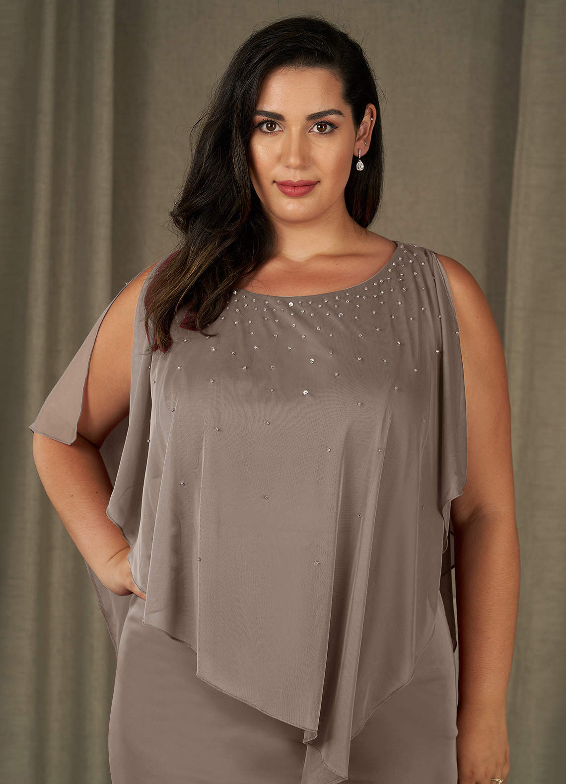 Taupe Sheath Beaded Mesh Dress