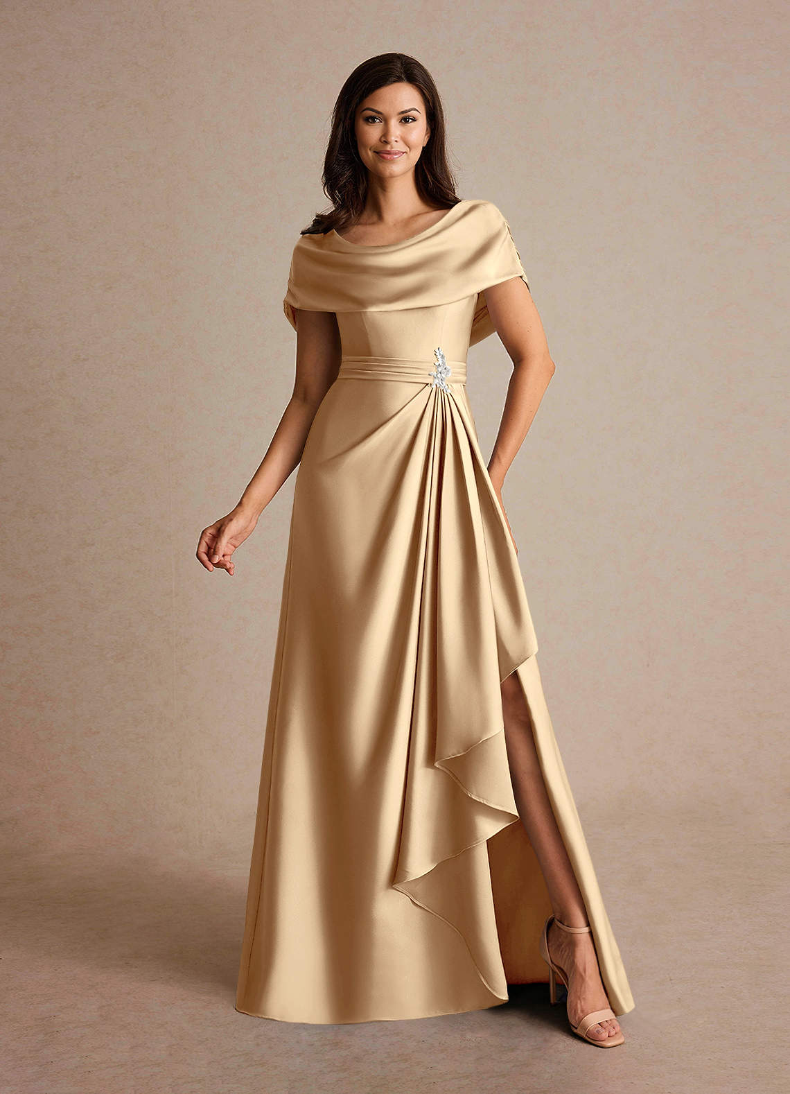 Champagne A-Line Pleated Stretch Satin Dress