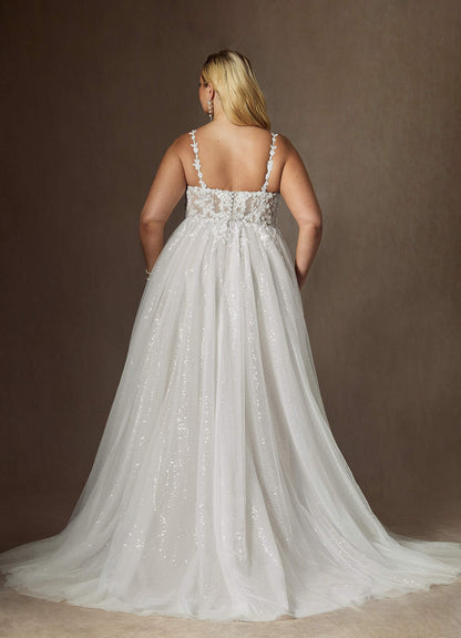 Diamond White A-Line V-Neck Sequins Tulle Dress