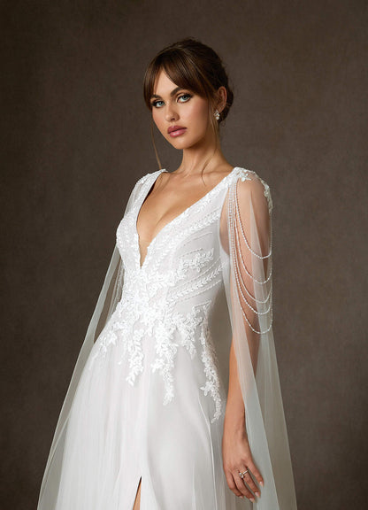 Diamond White A-Line V-Neck Sequins Tulle Dress