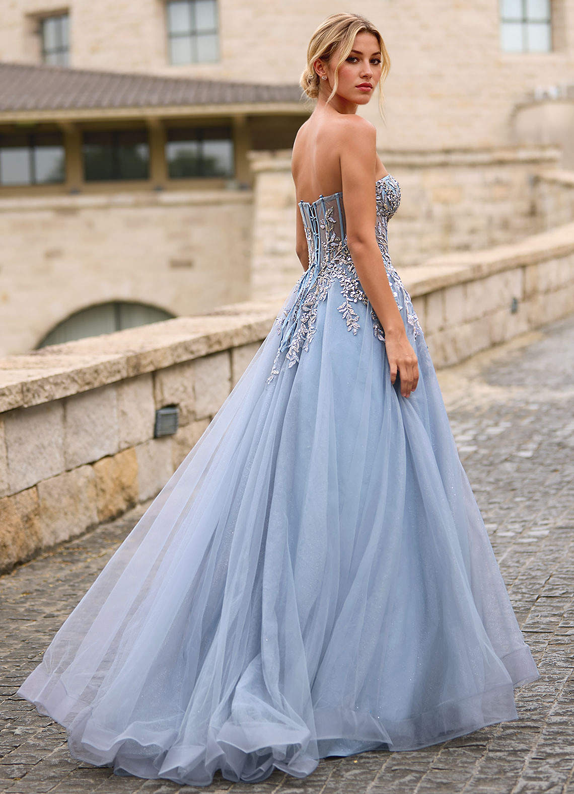 Celeste Dusty Blue Rhinestone Sheer Lace Prom Dress  Dress