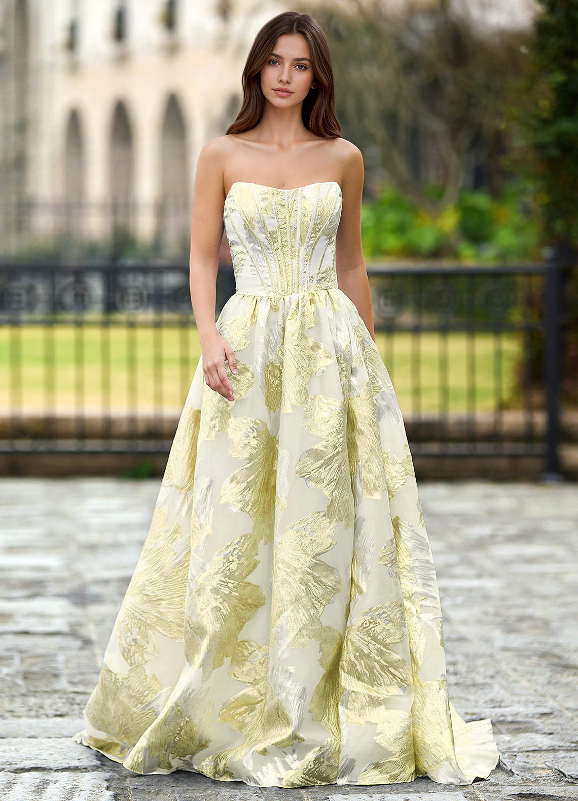 Thalia Champagne Enchanted Garden Lace-Up A-Line Prom Dress
