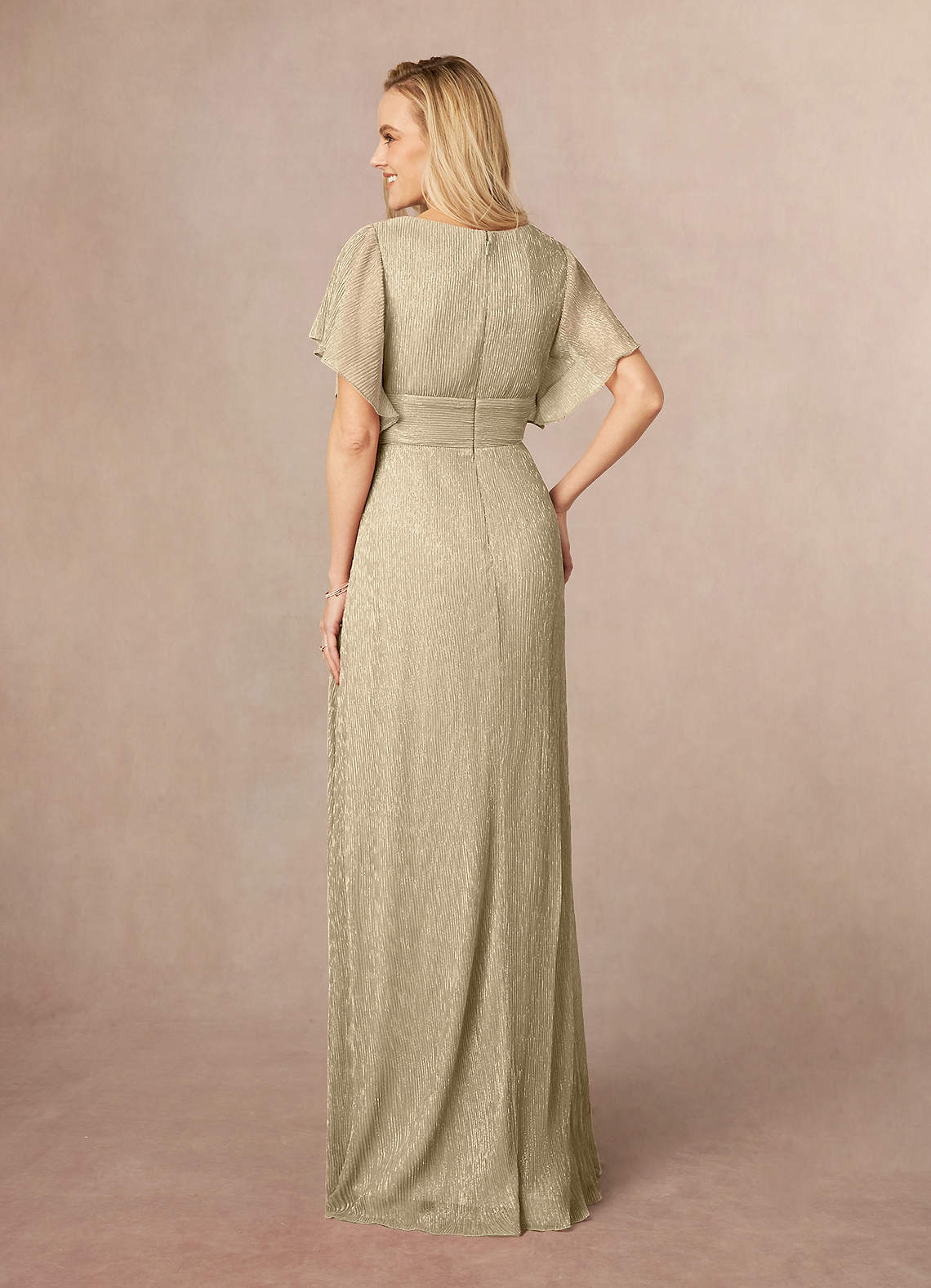 Champagne Gold A-Line V-Neck Flutter Sleeve Metallic Mesh Dress