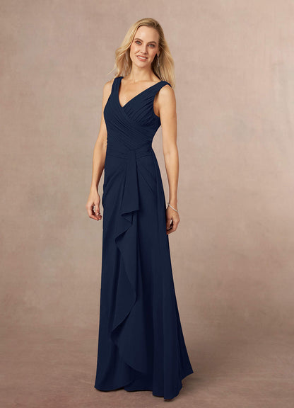Dark Navy A-Line Pleated Stretch Chiffon Dress