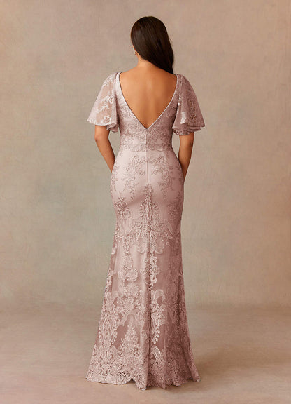 Dusty Rose Mermaid V-Neck Lace Dress