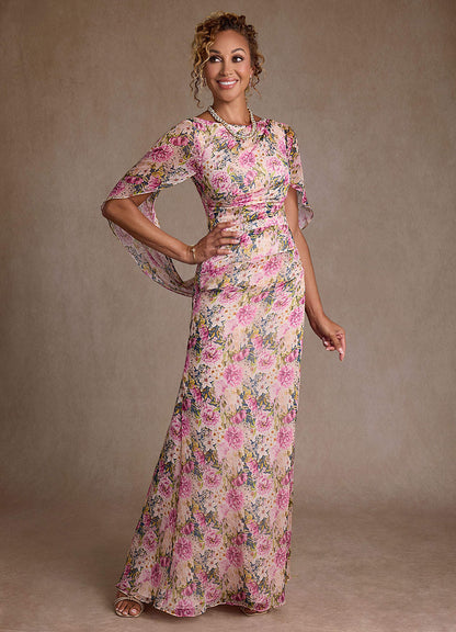 Lavender Floral Mermaid Pleated Chiffon Dress