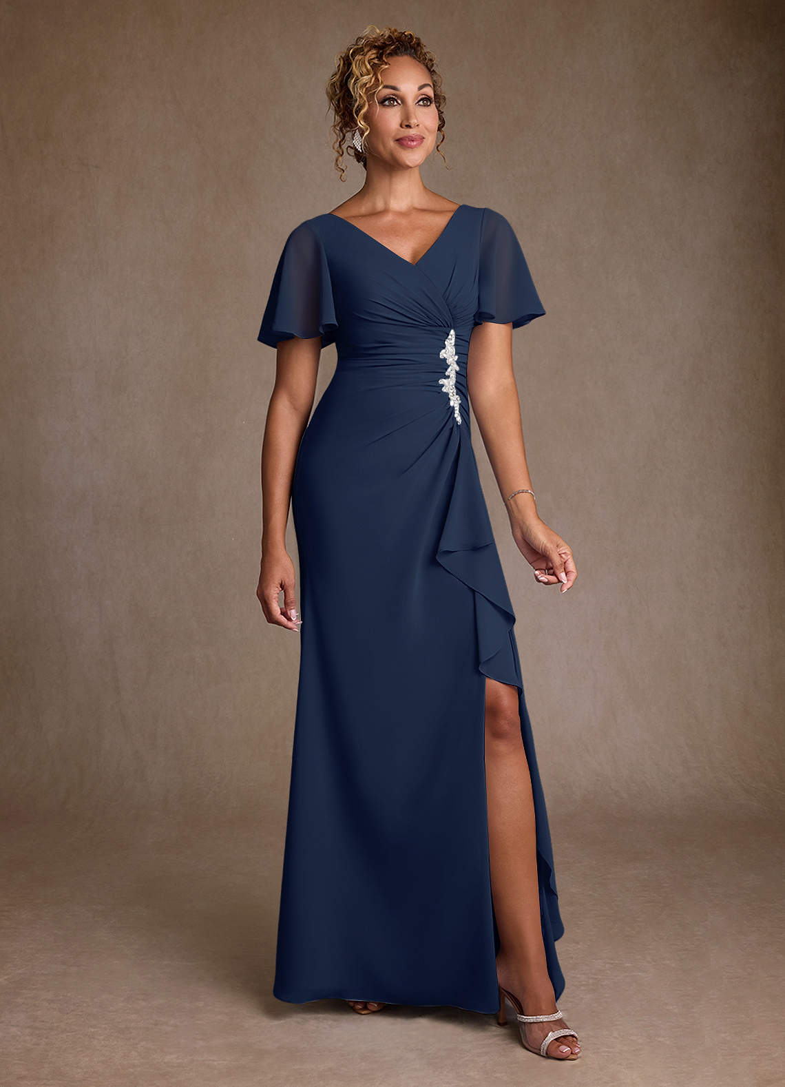 Dark Navy A-Line Pleated Chiffon Dress