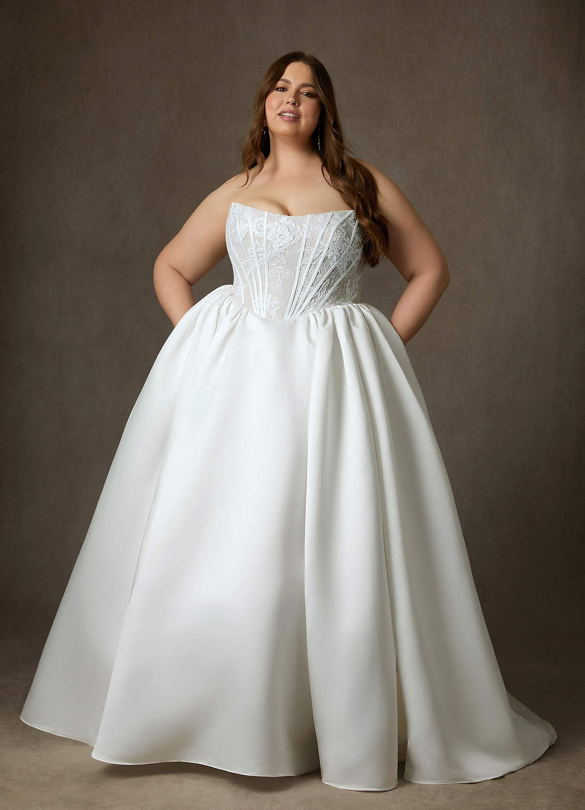 Diamond White Ball-Gown Strapless Lace Dress