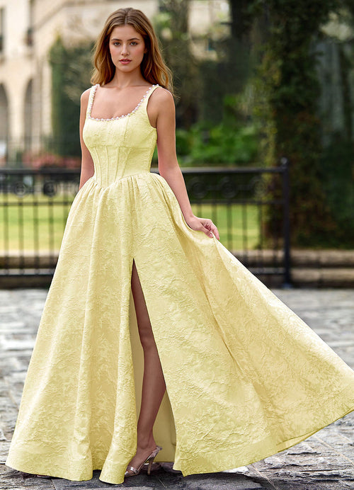 Thyme Yellow A-Line 3D Flowers Prom Dress