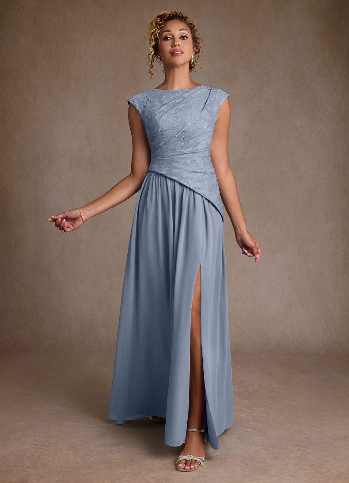 Dusty Blue A-Line Pleated Chiffon Dress