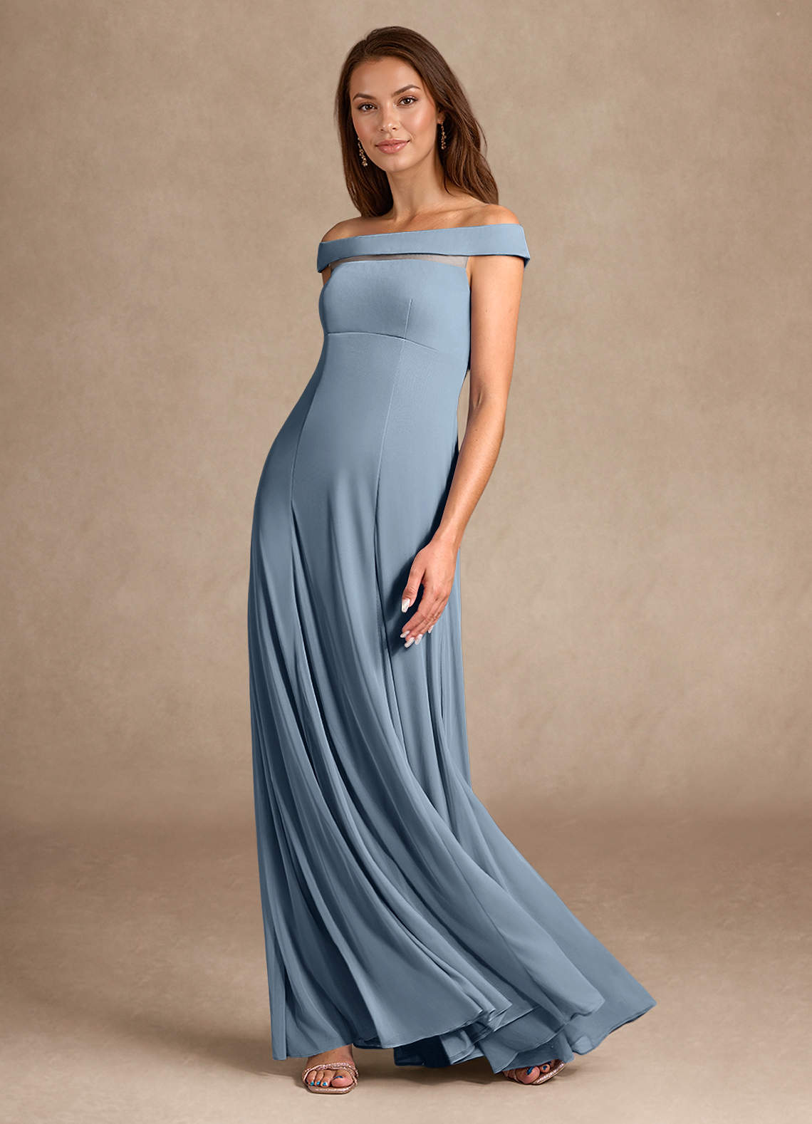 Dusty Blue A-Line Off the Shoulder Mesh Dress