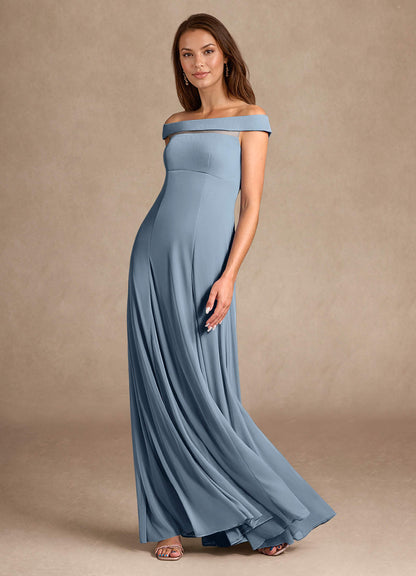Dusty Blue A-Line Off the Shoulder Mesh Dress