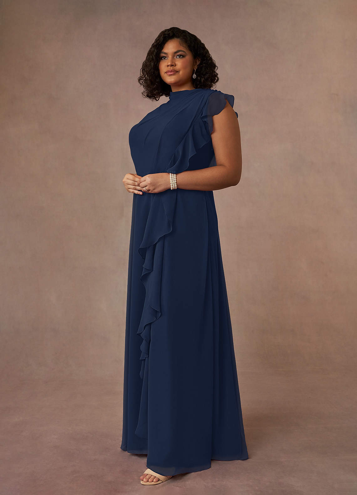 Dark Navy A-Line High Neckline Pleated Chiffon Dress