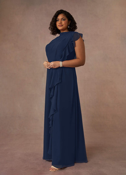 Dark Navy A-Line High Neckline Pleated Chiffon Dress