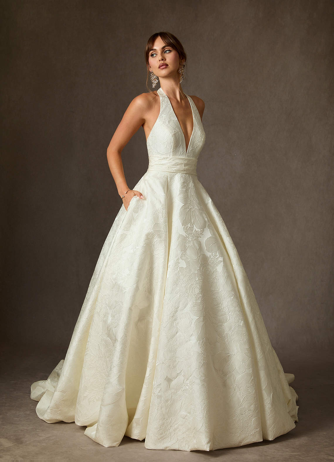 Antique White Ball-Gown with Pockets Floral Jacquard Dress