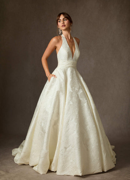 Antique White Ball-Gown with Pockets Floral Jacquard Dress