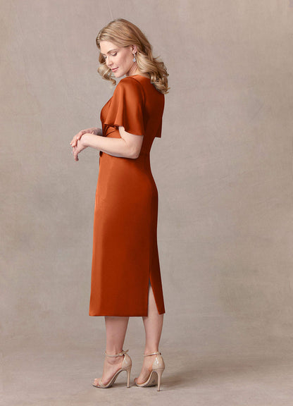Burnt Orange Sheath Pleated Stretch Satin Dress