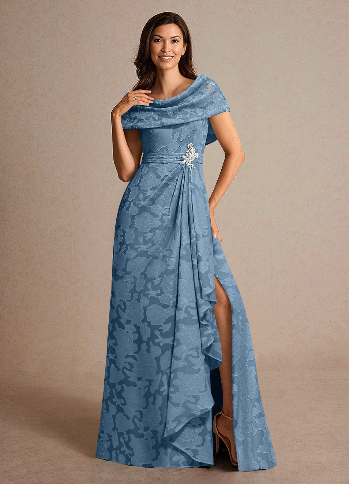 Steel Blue A-Line Pleated Floral Burnout Dress