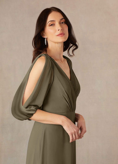 Willow Green A-Line V-Neck Ruched Chiffon Dress
