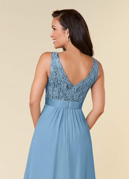 Steel Blue A-Line Lace Chiffon Dress