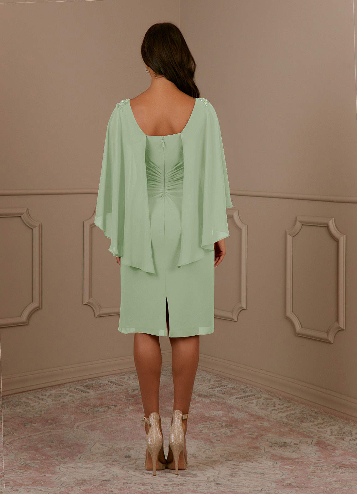 Dusty Sage Sheath Scoop Pleated Chiffon Dress