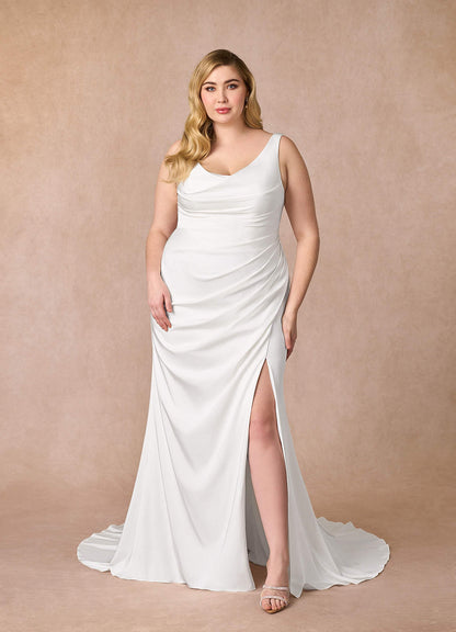 Diamond White Mermaid Scoop Pleated Crepe Back Satin Dress