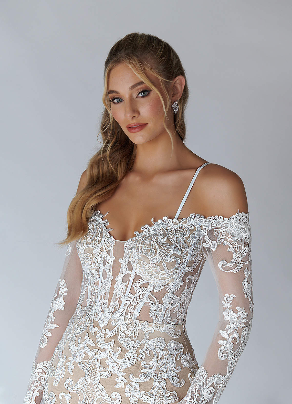 Diamond White Nude A-Line V-Neck Sequins Tulle Dress