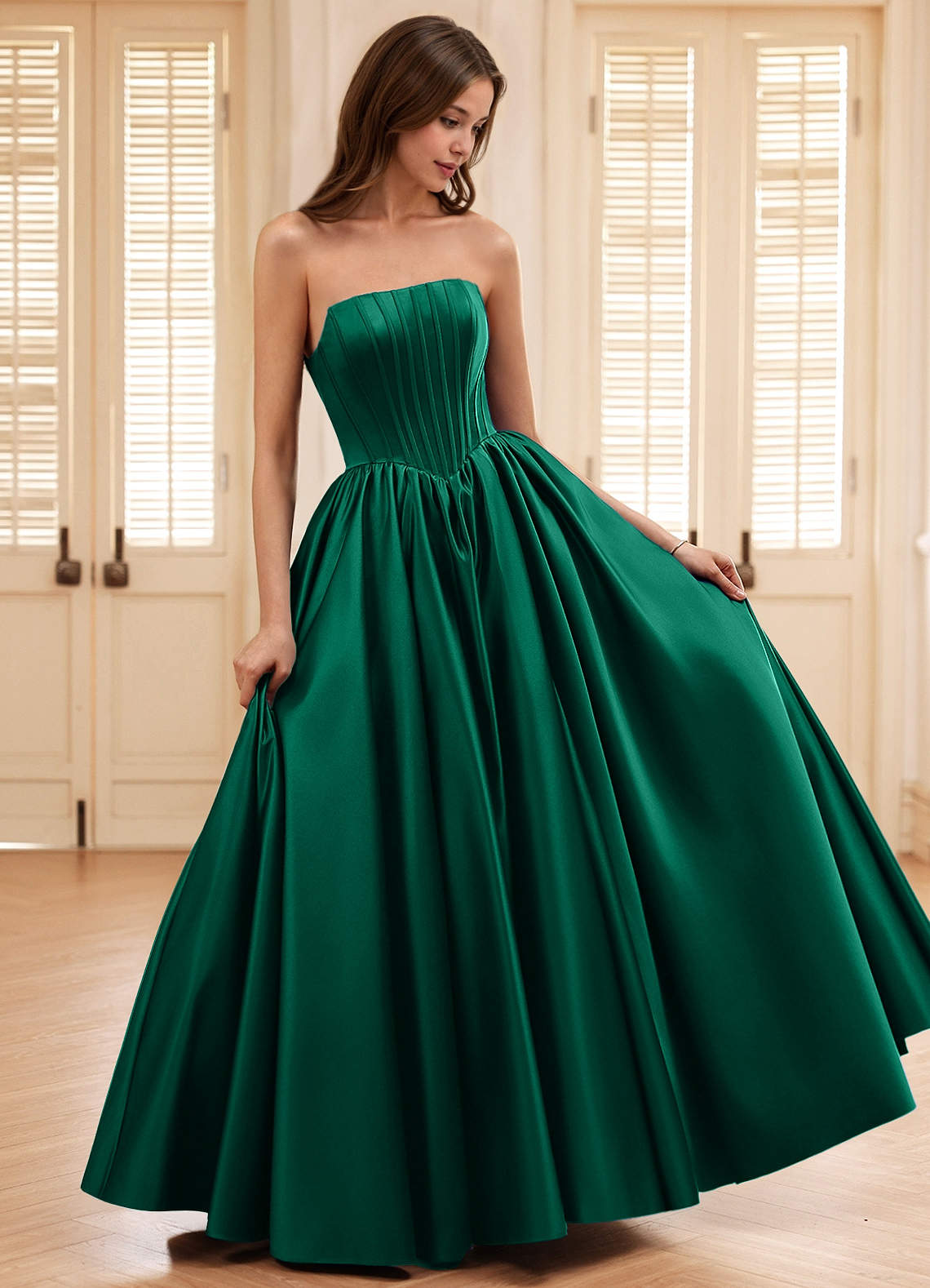 Seraphina Dark Green A-Line Boned Corset Satin Prom Dress