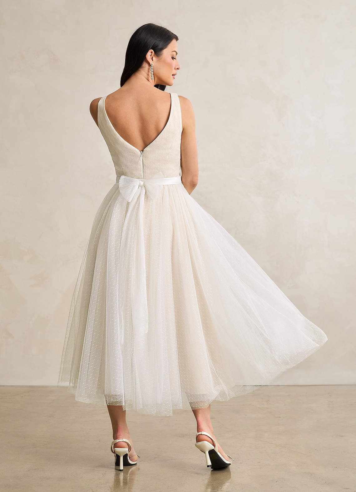 Diamond White Champagne A-Line Bow Tulle Dress