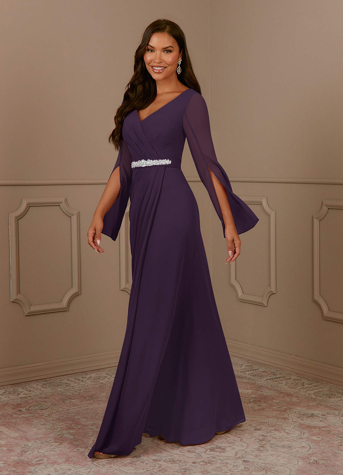 Plum A-Line V-Neck Pleated Chiffon Dress