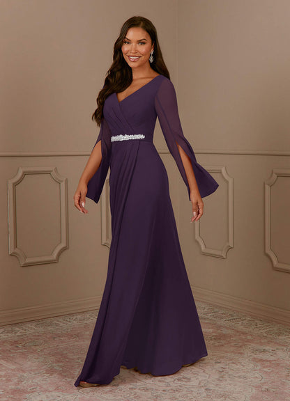 Plum A-Line V-Neck Pleated Chiffon Dress