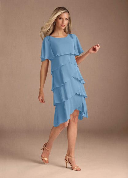 Steel Blue A-Line Scoop Beaded Chiffon Dress