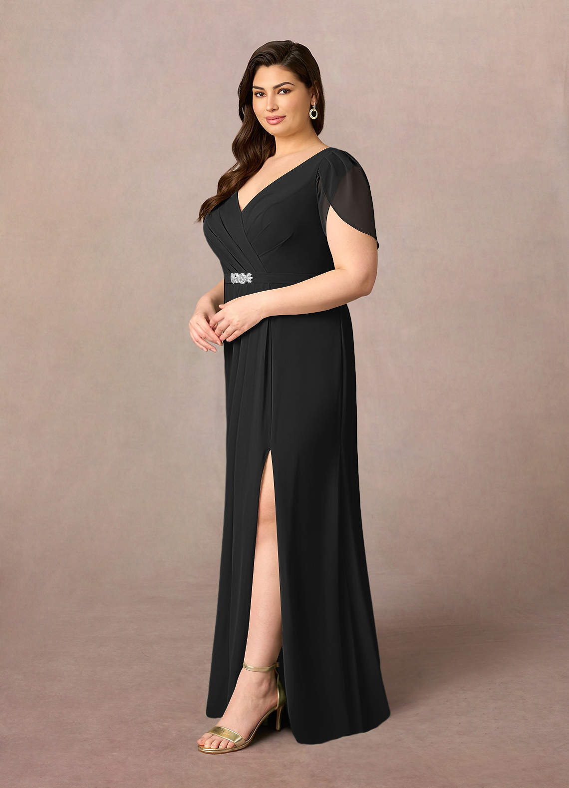 Black Sheath V-Neck Pleated Chiffon Dress