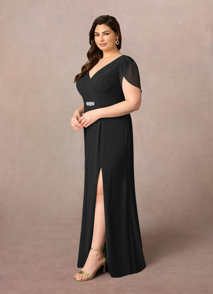 Black Sheath V-Neck Pleated Chiffon Dress