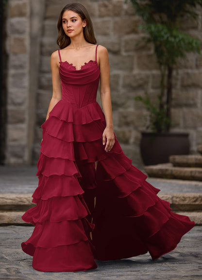 Floralace Merlot Ruffled A-Line Prom Dress