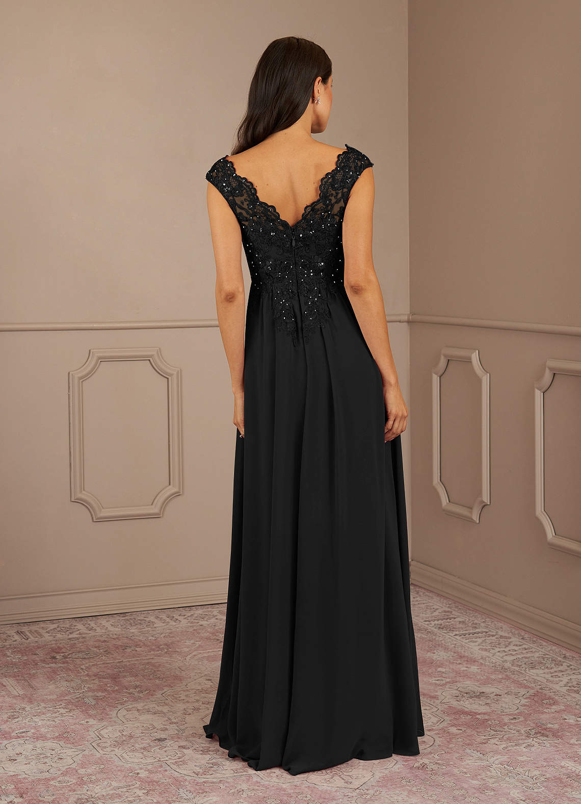 Black A-Line V-Neck Sequins Chiffon Dress
