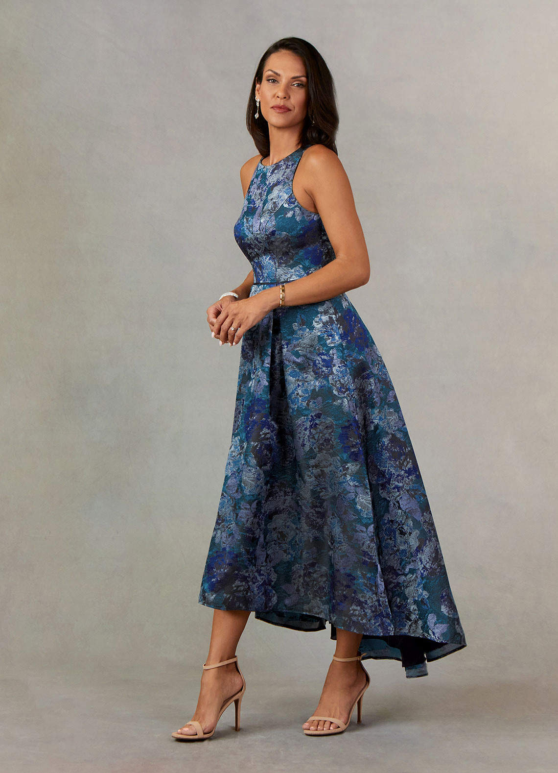 Dark Navy A-Line Pleated Jacquard Dress