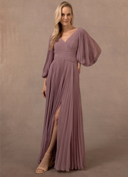 Burgundy A-Line V-Neck Pleated Chiffon Dress