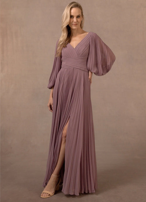 Burgundy A-Line V-Neck Pleated Chiffon Dress