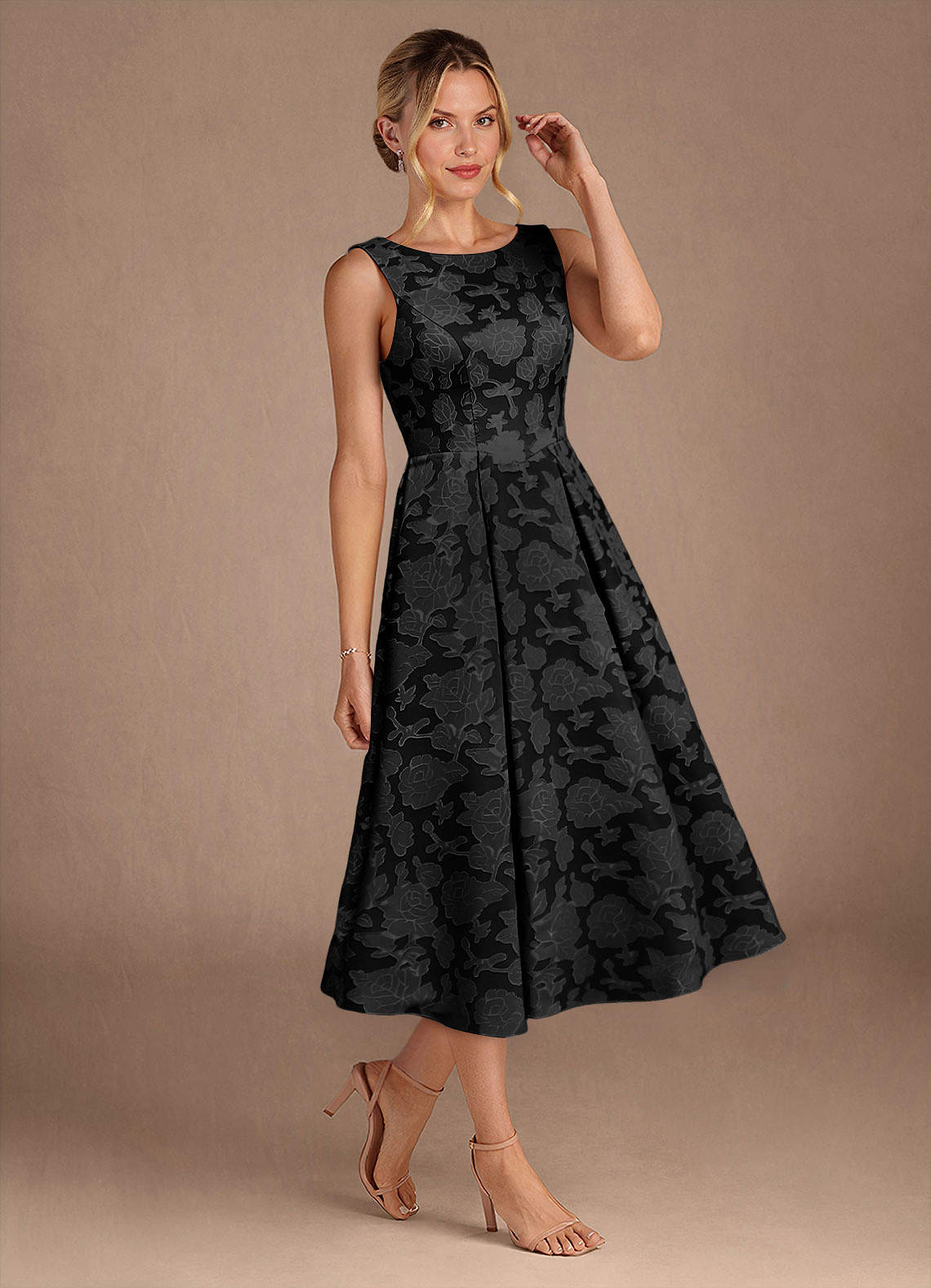Black A-Line Pleated Floral Burnout Dress