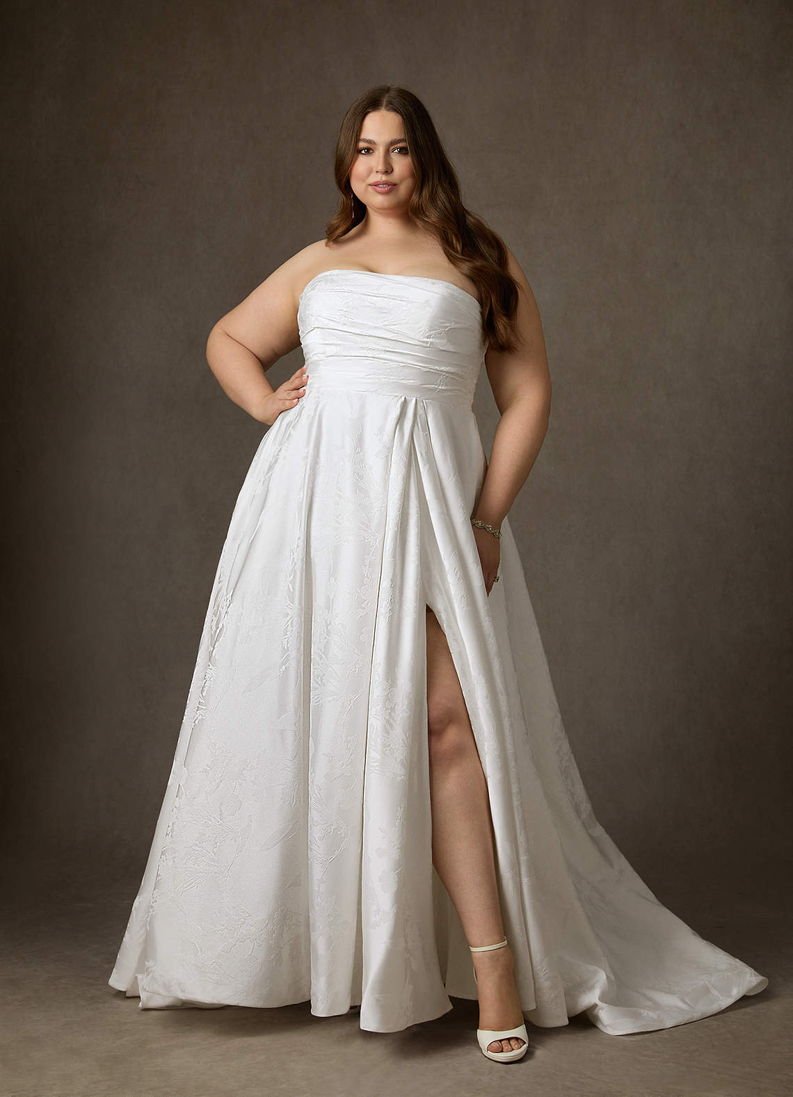 Diamond White A-Line Strapless Floral Jacquard Dress