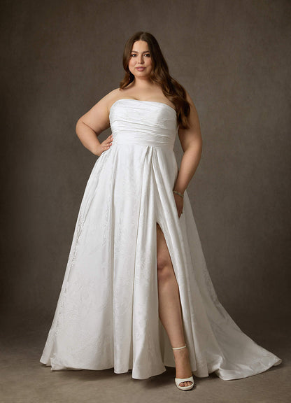 Diamond White A-Line Strapless Floral Jacquard Dress