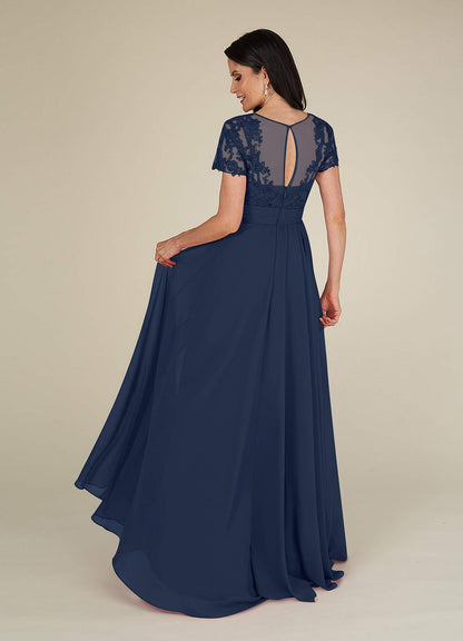 Dark Navy A-Line Lace Chiffon Dress